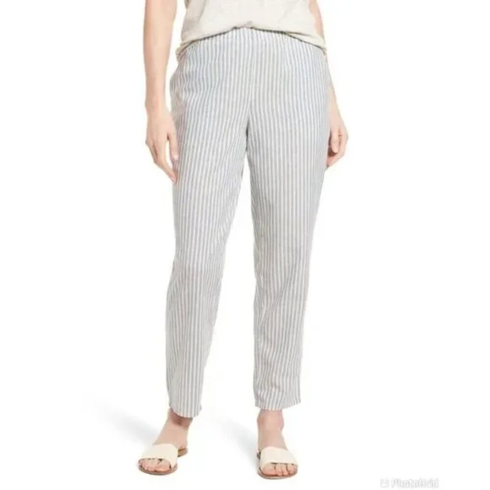 EILEEN FISHER HEMP/COTTON TICKING STRIPE ANKLE PANTS TAPERED LEG ELASTIC WAIST L